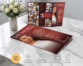 Plantilla para programa funerario de Amber Dawn para Canva: Obituario tríptico estilo revista (11x17) Descarga digital