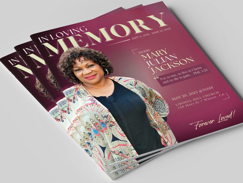 Maroon Dawn Funeral Program Template Canva: 8-page Magazine-style ...