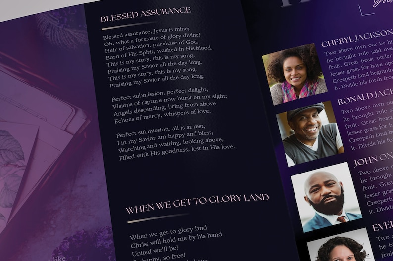 A magazine-style funeral program. Twilight Tabloid Funeral Program Template for Canva (8 pages, 17x11 inches, bifold to 8.5x11 inches). This expressively designed twilight purple celebration of life bi-fold brochure
