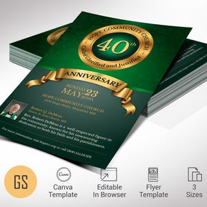 Green & Gold Church Anniversary Flyer Template: Elegant Banquet Invitation (Canva Editable, Digital Download)