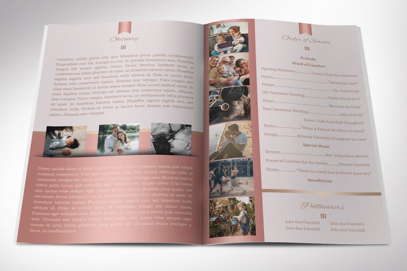 Rose Gold Funeral Program Template Word Template, Publisher Celebration of Life 4 Pages Bifold to 5.5x8.5 inches image 2