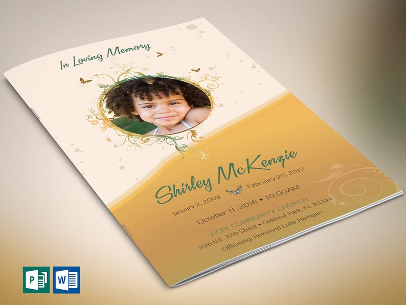 Gold Princess Funeral Program Template Word Template, Publisher Gold Green, Celebration of Life, Memorial Service 4 Pages 5.5x8.5 in image 1