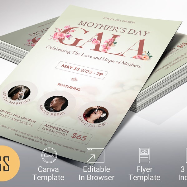 Vintage Mothers Day Flyer Template for Canva | Church Banquets and Fundraiser Events | 4 Pages | 3 Sizes