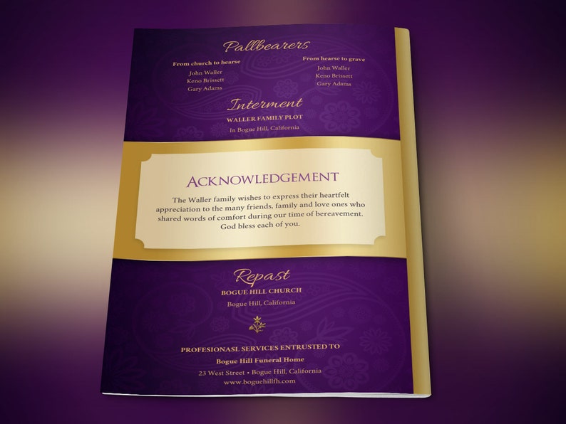 Purple Gold Regal Funeral Program Template Word Template, Publisher Celebration of Life 8 Pages 5.5x8.5 inches image 5