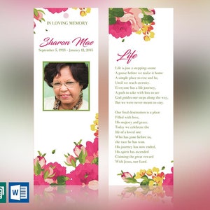 Pink Watercolor Funeral Bookmark Template for Word and Publisher is Size 2.5x7.75 inches. The funeral favor features fuchsia, green, and pink watercolor flowers combined with decorative text. Geared for memorial or funeral services.