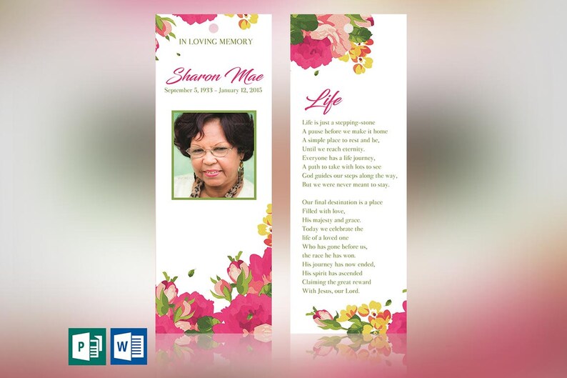 Pink Watercolor Funeral Bookmark Template for Word and Publisher is Size 2.5x7.75 inches. The funeral favor features fuchsia, green, and pink watercolor flowers combined with decorative text. Geared for memorial or funeral services.
