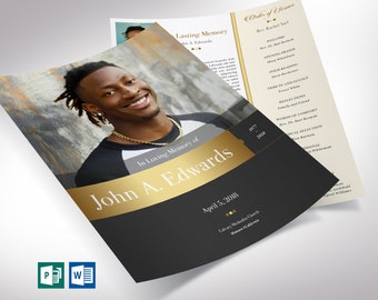 Remember Gold Funeral Program Template, One Sheet | Word Template, Publisher | Celebration of Life | 8.5x11 inches