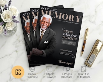 Black Dawn Funeral Program Template | Canva: 4 Page Magazine-Style Bifold Obituary (8.5x11) Digital Download