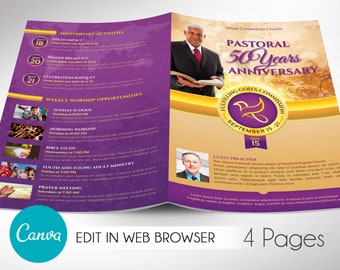 Clergy Anniversary Program Template, Canva Template | Purple Gold, Church Anniversary | 4 Pages | 5.5x8.5 inches