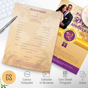 Purple & Gold Church Anniversary Program Canva Template (Digital Download)