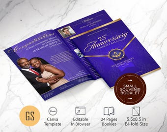 Church Anniversary Souvenir Book, Violet Gold Gala Program Canva Template 5.5x8.5 (24 Pages) Digital