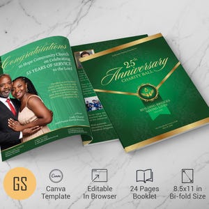 May include: A 24-page bi-fold booklet template measuring 21.6x27.9 cm, featuring a deep green and gold design. The cover displays 25th Anniversary Charity Ball text, while the interior page shows a photograph of a couple and event details.