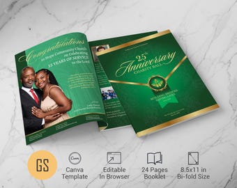 Church Anniversary Souvenir Book Template Green Gold Gala Program Canva 8.5x11 24 Pages (Digital)