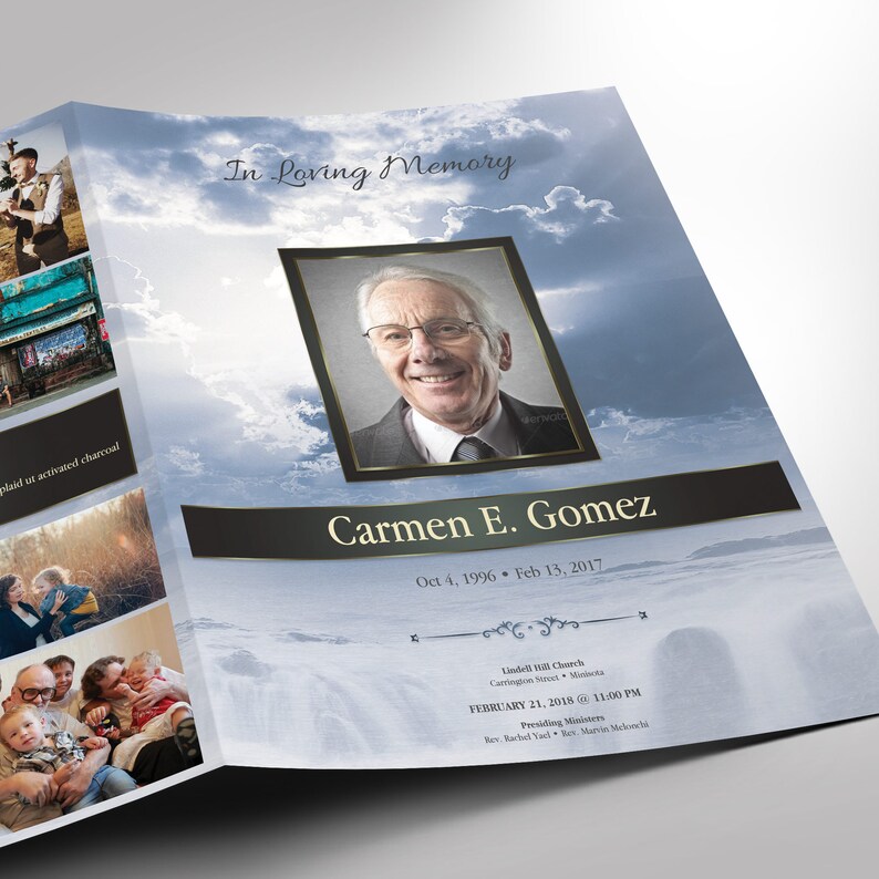 Blue Forever Tabloid Funeral Program Template for Word and Publisher, Celebration of Life, Sky Obituary Template for Men, 4 Pages 11x17 in image 4