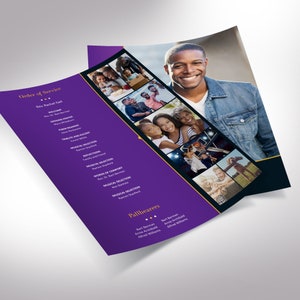 Purple Gold Funeral Program Template, One Sheet Word Template, Publisher V1 Celebration of Life 8.5x11 inches image 2