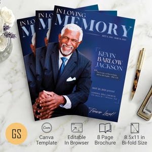 Blue Dawn Funeral Program Template | Canva: 8-Page Magazine Style Memorial Obituary (8.5x11) Digital Download