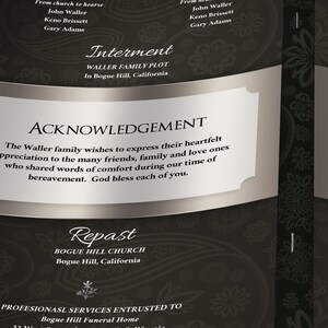 Black Silver Dignity Funeral Program Word and Publisher Template, has silver decals and text style laid over silver and black background with a Paisley pattern. The Print Size is 11 x 8.5 inches, and the Bi-Fold Size is 5.5 x 8.5 inches.