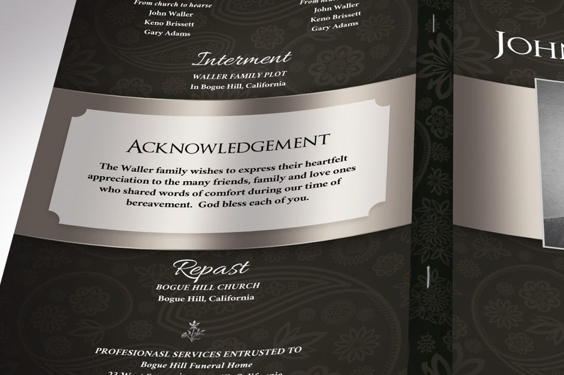 Black Silver Dignity Funeral Program Word and Publisher Template, has silver decals and text style laid over silver and black background with a Paisley pattern. The Print Size is 11 x 8.5 inches, and the Bi-Fold Size is 5.5 x 8.5 inches.