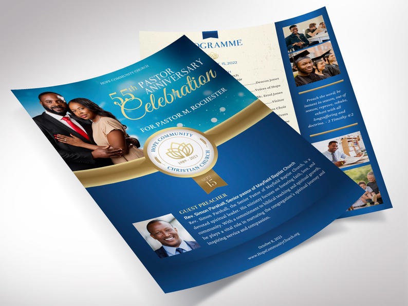 Blue & Gold Pastor Anniversary Program Template: Church Banquet (canva ...
