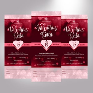 Red Pink Valentines Day Gala Ticket Template, Word Template, Publisher, Banquet Ticket, Size 3x7 inches image 2