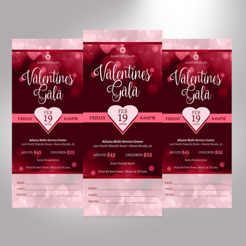 Red Pink Valentines Day Gala Ticket Template, Word Template, Publisher, Banquet Ticket, Size 3x7 inches image 2