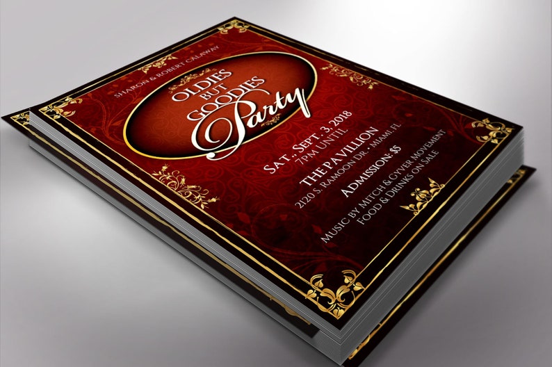 Oldies Party Flyer Template for templett.com is an editable flyer that has a rustic background with gold decals and gorgeous script text. The size is 4x6 inches and it can be used for any birthday party or event that needs a vintage appeal.