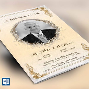 Gold Victorian Funeral Program Template | Word Template, Publisher | Celebration of Life | 4 Pages | 5.5x8.5 inches