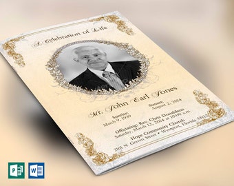 Gold Victorian Funeral Program Template | Word Template, Publisher | Celebration of Life | 4 Pages | 5.5x8.5 inches