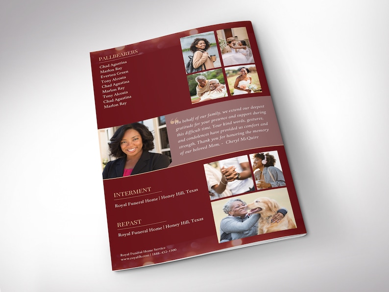 Red Gold Life Funeral Program Template, Canva Template, Magazine Style, Celebration of Life, 8 Pages, 5.5x8.5 in image 6