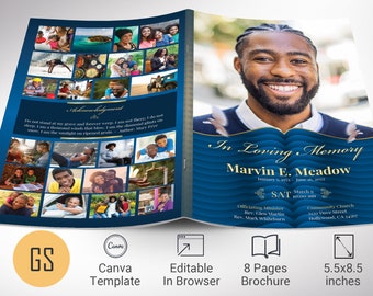 Blue Gold Loving Funeral Program Template 2, Canva Template | Celebration of Life, Order of Service, 8 Pages, 5.5x8.5 in