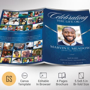 May include: A bi-fold brochure with a blue and silver design. The cover reads "Celebrating the Life of Marvin E. Meadows." Inside are photos and text. The brochure is 14 x 21.6 cm.