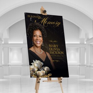 Classic Rose Funeral Welcome Sign Template for Canva. This large funeral photo display set features a magazine-style design with white roses and gold leaves against a textured black backdrop. Four print sizes (24x36, 20x30, 18x24, and 16x20 inches)