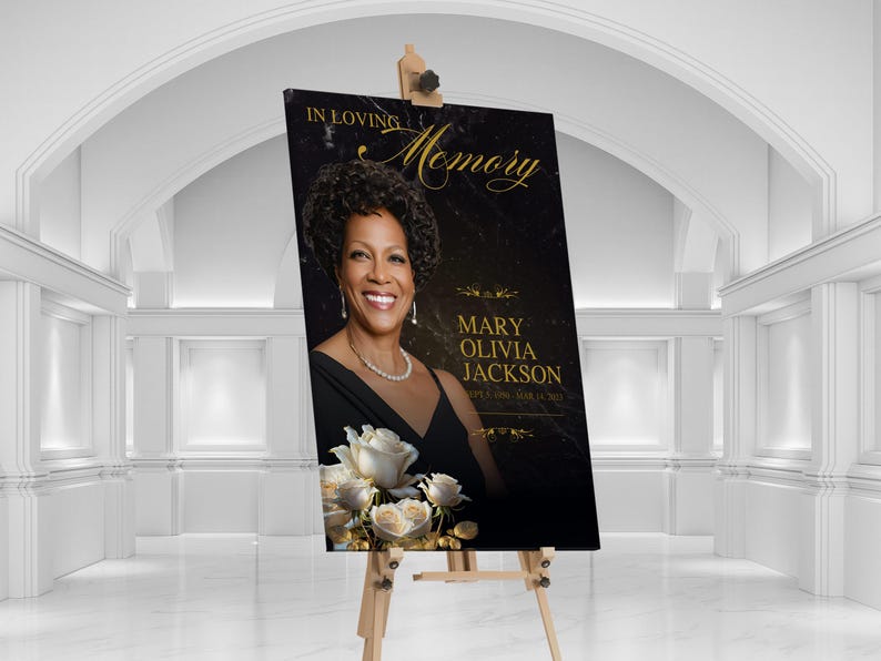 Classic Rose Funeral Welcome Sign Template for Canva. This large funeral photo display set features a magazine-style design with white roses and gold leaves against a textured black backdrop. Four print sizes (24x36, 20x30, 18x24, and 16x20 inches)