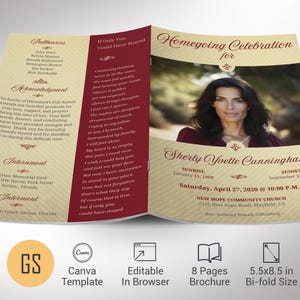 Plantilla elegante de programa funerario para Canva, color burdeos dorado, carta de EE. UU., celebración de la vida, plantilla de obituario para mujeres, 8 páginas, 5,5 x 8,5 pulgadas