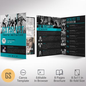Szablon programu konferencji młodzieżowej Tabloid dla Canva, Blue Catalyst Youth Summit, broszura kościelna składana na dwie części, edytowalna do druku, 8 stron, 11x17"