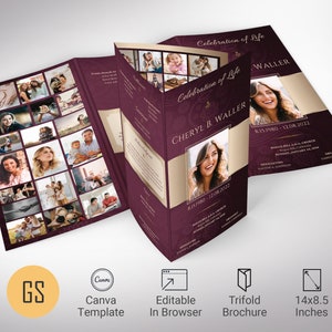 Vintage Maroon Funeral Program Template: Rose Gold Paisley (Canva, 14x8.5 in, Digital Download)