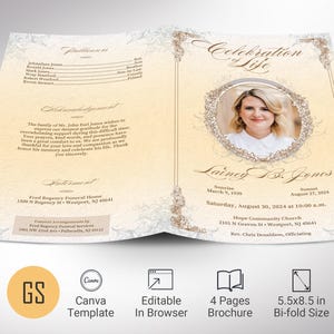 Plantilla de programa de funeral victoriano dorado para Canva, beige vintage, tamaño carta, 5,5 x 8,5 pulgadas, celebración de la vida, obituario de mujeres, 4 páginas