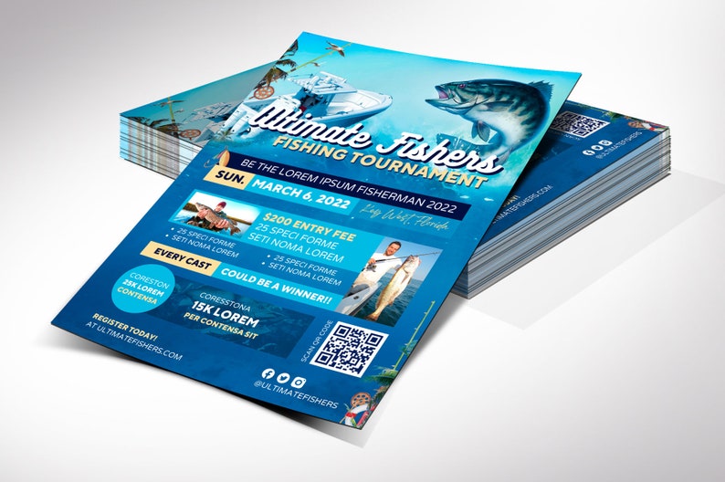 Fishing Tournament Flyer Template, Canva Template Fishing Flyer, Blue Oceanic Invitation 5 backgrounds 8.5x11 in image 2