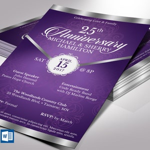 Purple Silver Anniversary Flyer Template - Word and Publisher is 5.5x8.5 inches. The Banquet Invitation is created with a deep lavender background and highlighted with silver. Great for church anniversaries, wedding anniversaries, pastor appreciation