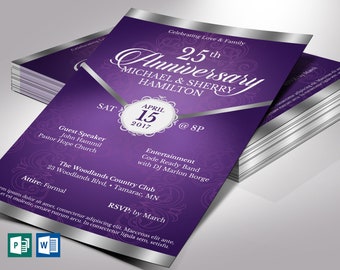 Paarse zilveren jubileum flyer-sjabloon | Word-sjabloon, uitgever, uitnodiging voor een banket, uitnodiging voor een evenement | 5,5x8,5 inch