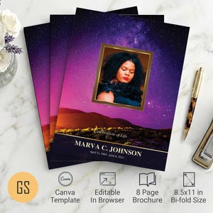 Vineyard Funeral Program Template for Canva: Purple 8-Page Bifold Memorial Obituary (8.5x11) Digital Download
