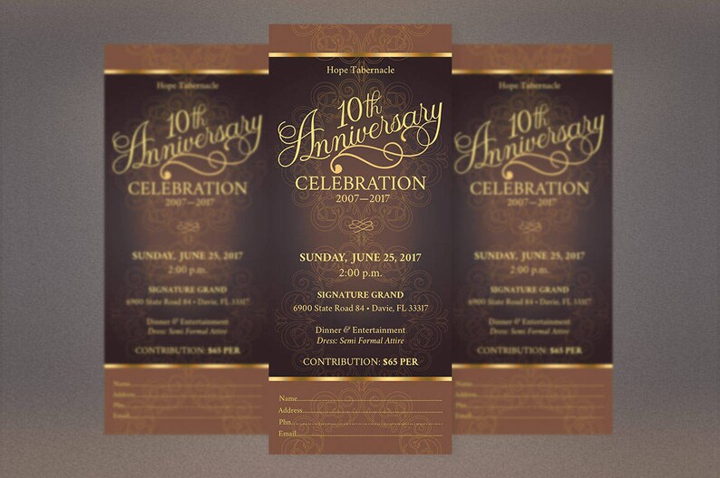 Gold Church Anniversary Ticket Template Word Template, Publisher Pastor Appreciation, Banquet Ticket 3x7 inches image 2