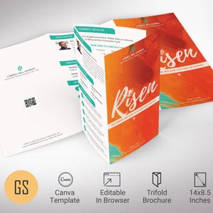 Puede incluir: Folleto tríptico con un diseño vibrante en naranja y verde azulado. La palabra "Risen" se muestra de forma destacada. El folleto mide 35,56 cm x 21,59 cm e incluye una plantilla de Canva. El folleto es para Lindell Hill Church.