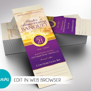 Klerus-Bankett-Kartenvorlage, Canva, Lila Gold Beige, Pastor Church Jubiläum oder Anerkennungsgala, Bankett-Eintrag, bearbeitbares druckbares