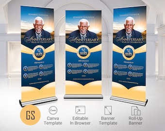 Blue Pastor Anniversary Rollup Banner Template, Canva Template | Blue and Gold, Retractable Banner, Church Anniversary, Vinyl Display