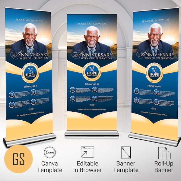 Blue Pastor Anniversary Rollup Banner Template, Canva Template | Blue and Gold, Retractable Banner, Church Anniversary, Vinyl Display