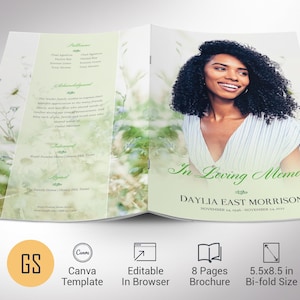 Plantilla de programa funerario "Amor Verde" para Canva, celebración de la vida, servicio conmemorativo, plantilla de obituario para mujeres, imprimible, 8 páginas (5.5 x 8.5 pulgadas)