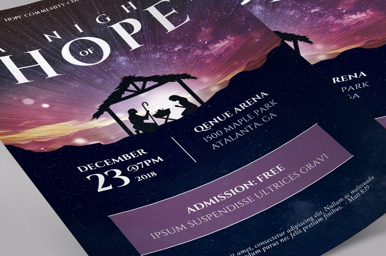 Hope Christmas Flyer Word and Publisher Template, 5.5 x 8.5 inches, has a nativity as the focal point with a colorful starry night sky. The invitation is great for Christmas Plays and Cantatas.