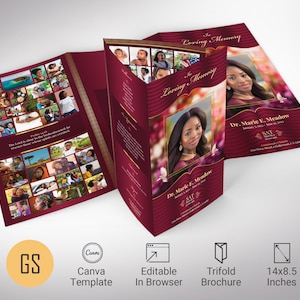 May include: A burgundy trifold brochure with gold accents. The front cover features a photo of a woman and the text "In Loving Memory". The inside pages feature a collage of photos and the text "Dr. Marie E. Meadow".
