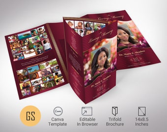 Burgundy Gold Legal Trifold Funeral Program Template, Canva Template, In Loving Memory, Celebration of Life, Obituary Program, 14x8.5 in